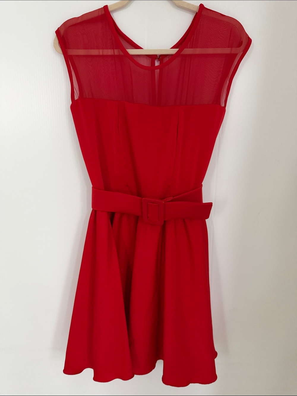Red Mini Dress with Sheer Yoke and Belt
